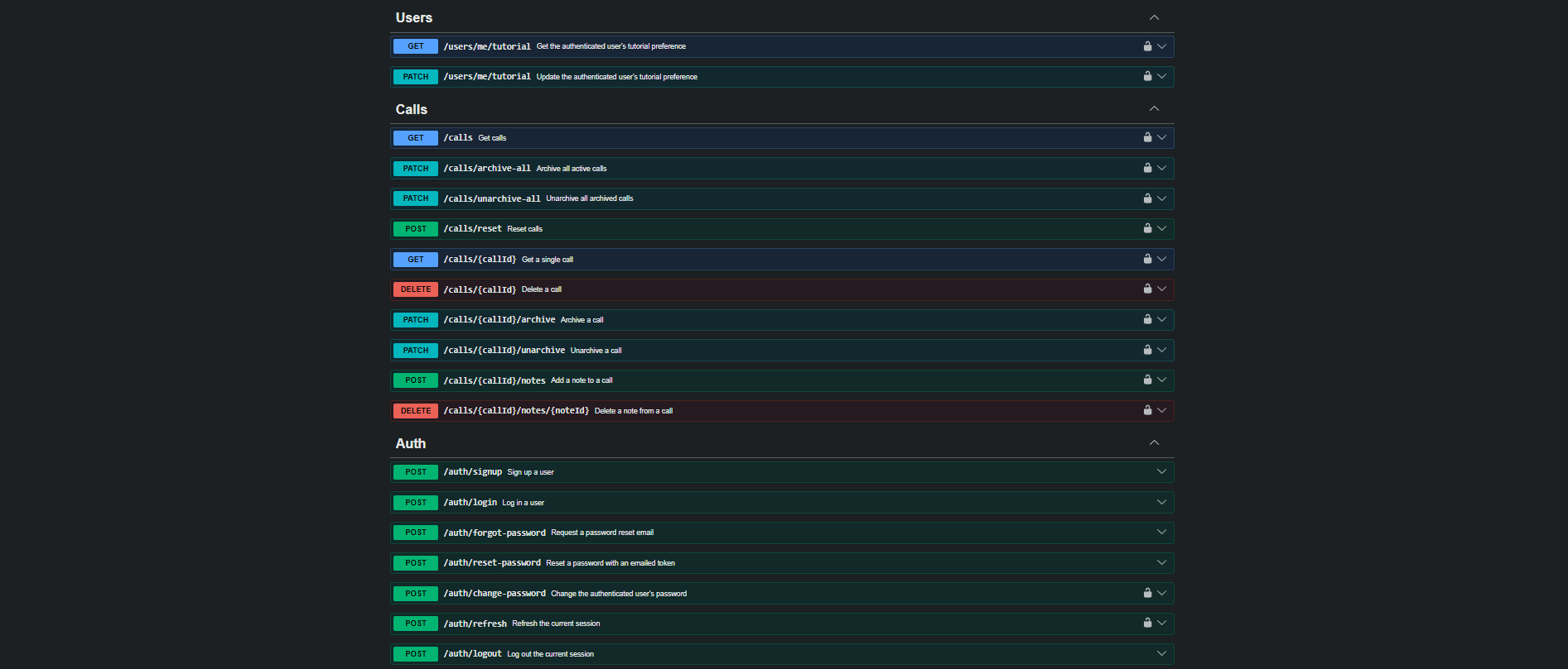 Swagger documentation listing the Call Center API endpoints
