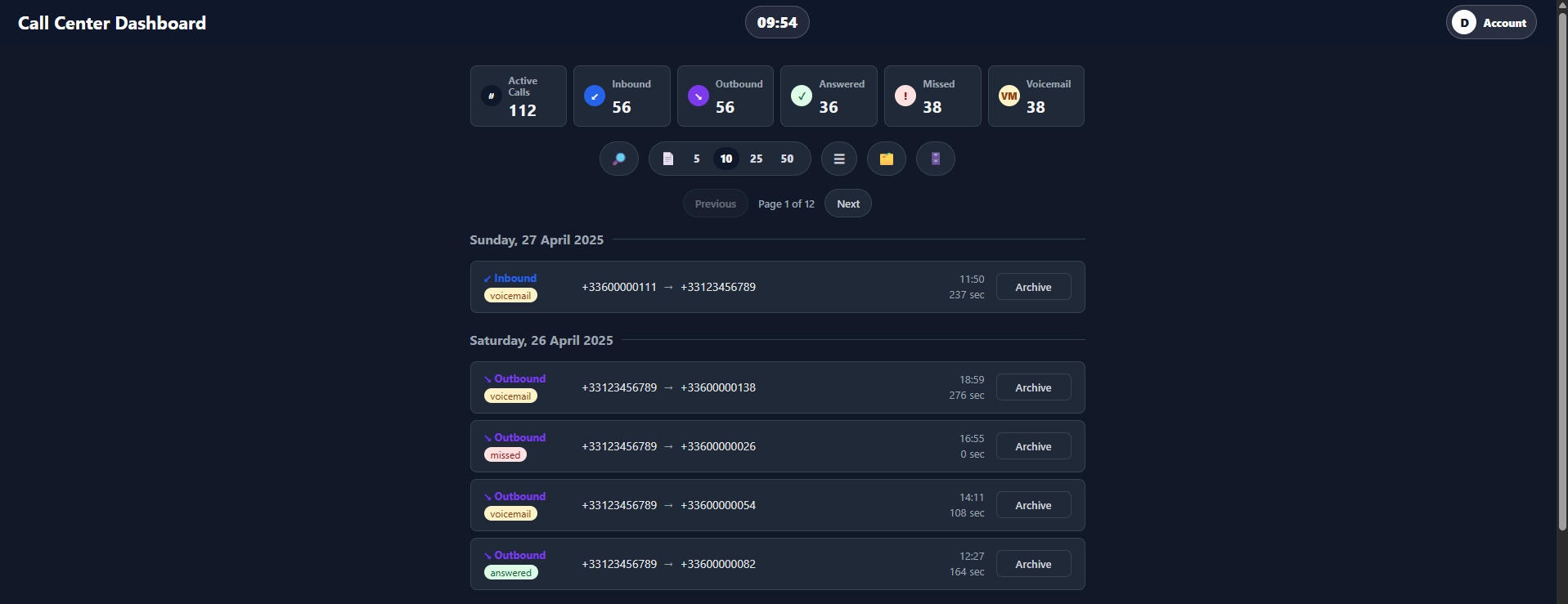 Call Center dashboard showing call totals and a paginated call list